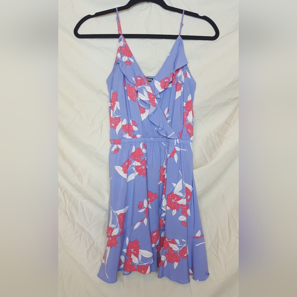 Express XS Periwinkle/Purple & Red Floral Spaghetti Strap Ruffle Front Sun Dress